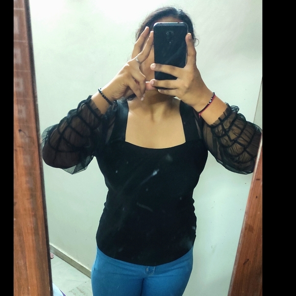 MNG Black Puffed Mesh Sleeve Top - Picture 12 of 12